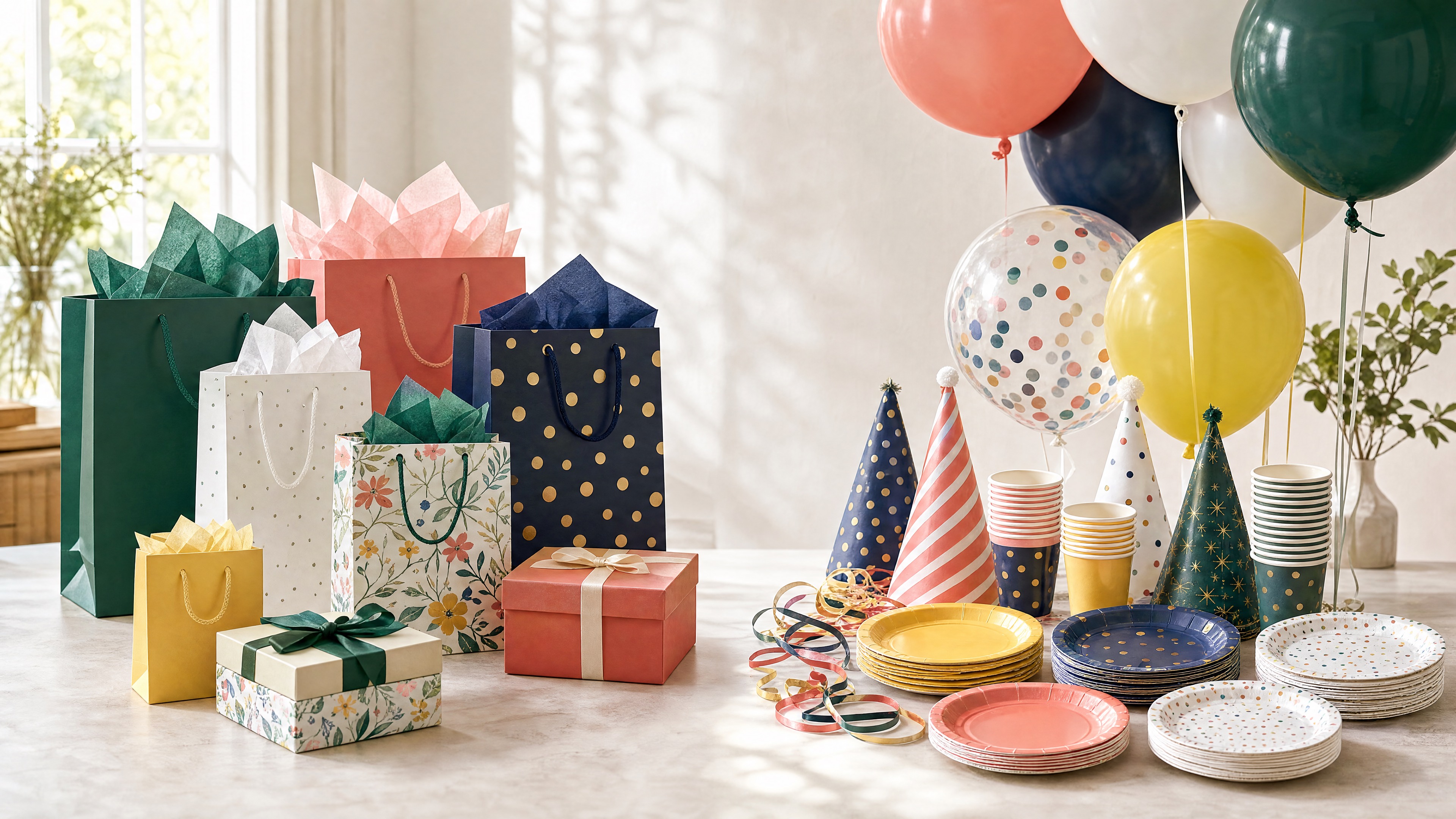 Assortment of paper gift bags, gift boxes and birthday party supplies for wholesale